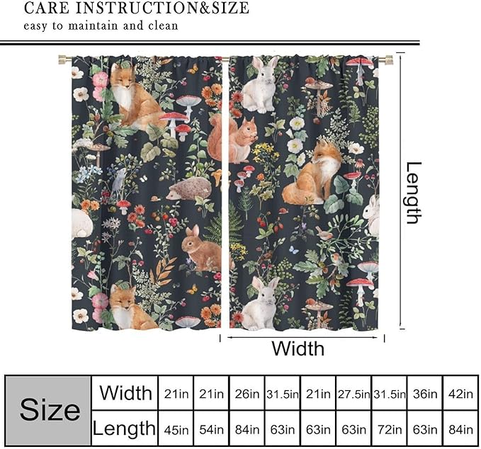 Animal Curtains, Watercolor Forest Animals Plants Pattern Blackout Window Treatments, Rod Pocket Thermal Insulated Drapes 2 Panel Sets for Bedroom Living Room, 52" W X 84" L