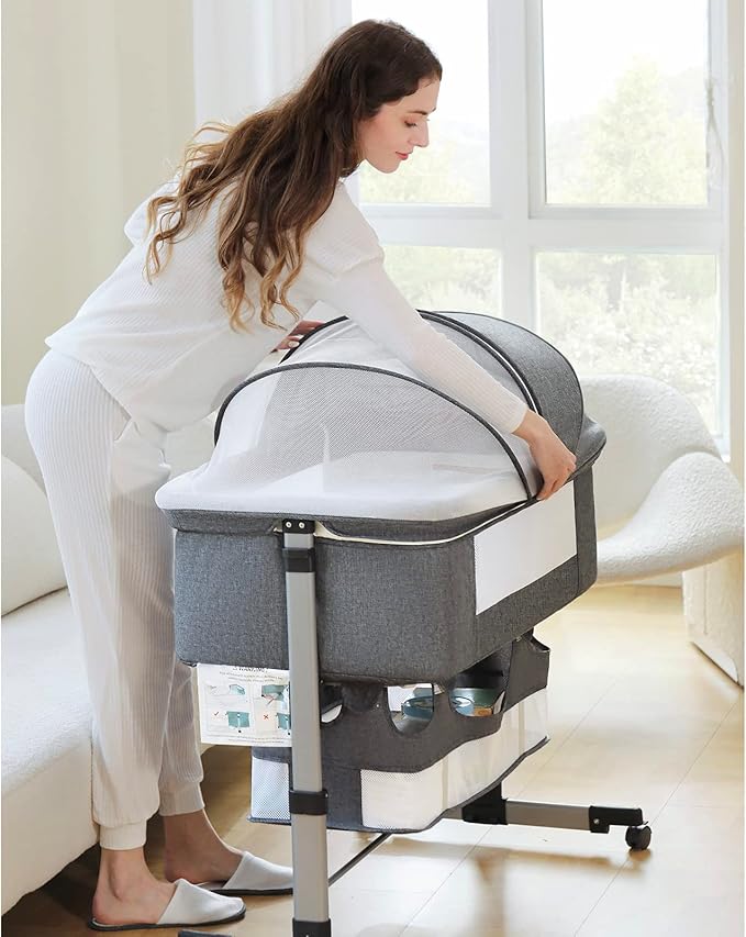 Ihoming Baby Bassinet Bedside Sleeper, Baby Bed Side Crib with Storage Basket, Easy Folding Bassinets, Adjustable Baby Bed for Infant Newborn, Gray