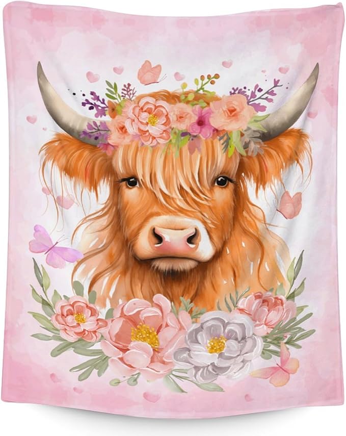 Highland Cow Gifts for Women - 60" x 80" Inches Highland Cow Throw Blanket for Adults - Pink Soft Fuzzy Blankets for Sofa, Bed & Living Room
