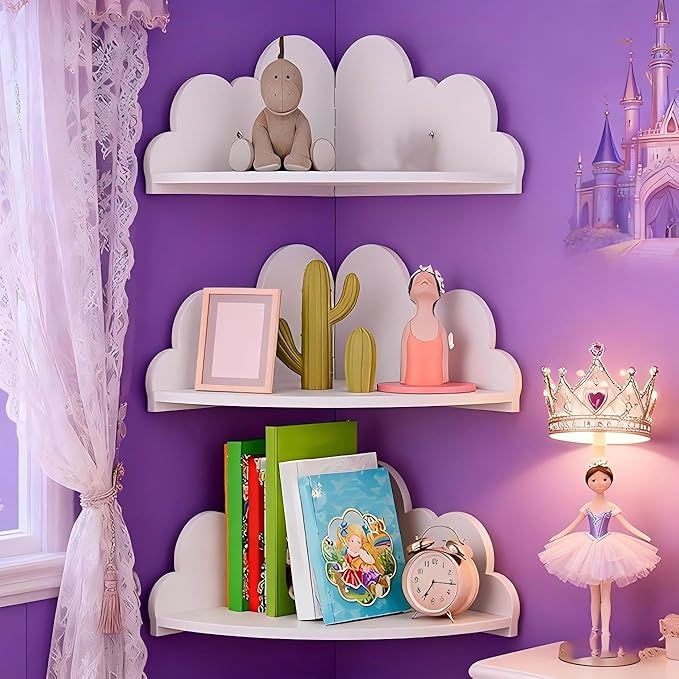 Cloud Wall Shelf Set of 3 Corner Hanging Shelf Nursery Book Shelf, Scalloped Design, Safe and Non-Toxic Sheet Wall-Mounted Background for Kids Bedroom, Toddler Room, Baby Room Decor
