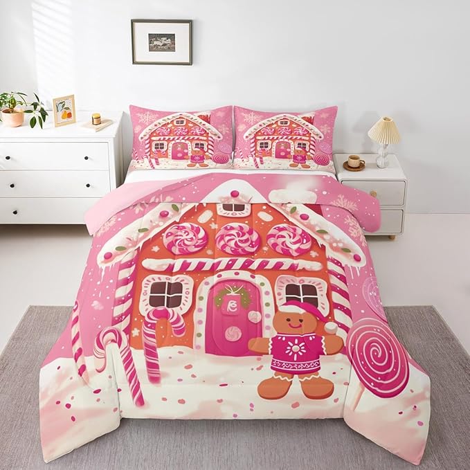 jejeloiu Kids Christmas Theme Comforter Set Twin Size Xmas Gingerbread Man Candy Cane House Bedding Set for Boys Girls Teens Hot Pink Winter Happy New Year Duvet Quilt Room Decor
