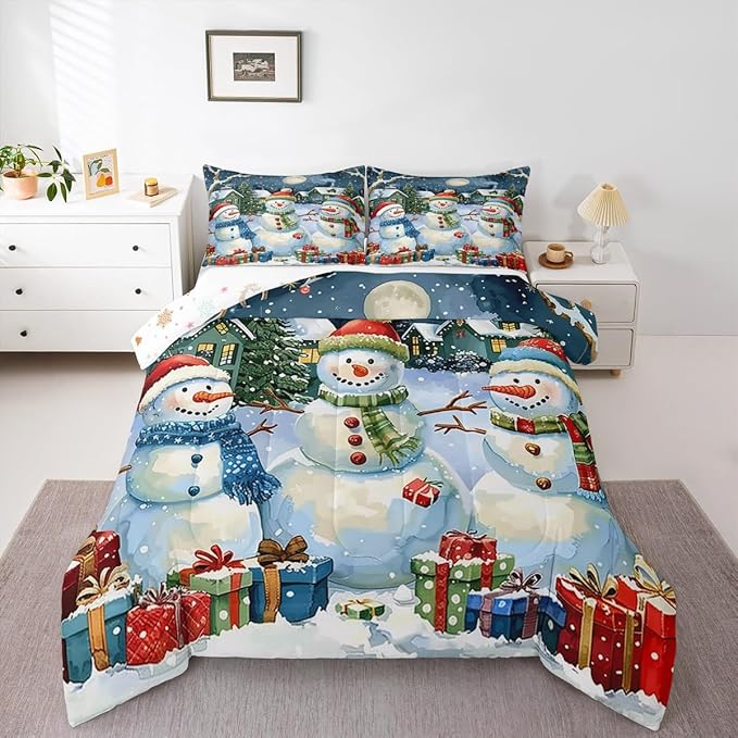 jejeloiu Kids Snowman Comforter Set King Size Countryside Christmas Theme Bedding Set for Boys Girls Teens Xmas Tree Snowflake Winter Happy New Year Duvet Quilt Room Decor