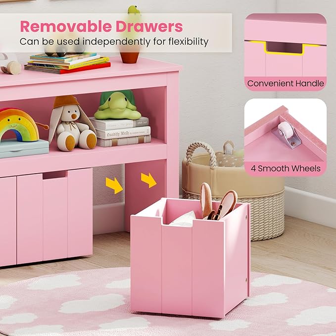 Costzon Toy Storage Cabinet, Toy Chest w/ 3 Removable Drawers, Wheels & Spacious Tabletop, Toddler Storage Organizer for Kids Room, Playroom & Nursery (Pink, 13" D x 40" W x 24.5" H (3 Drawers))