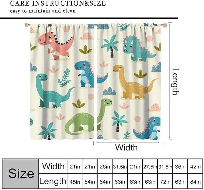 Fun Dino Curtains, Cute Colorful Dinosaur Pattern Blackout Window Treatments, Rod Pocket Thermal Insulated Drapes 2 Panel Sets for Children Boys Bedroom Nursery Classroom, 52" W X 84" L
