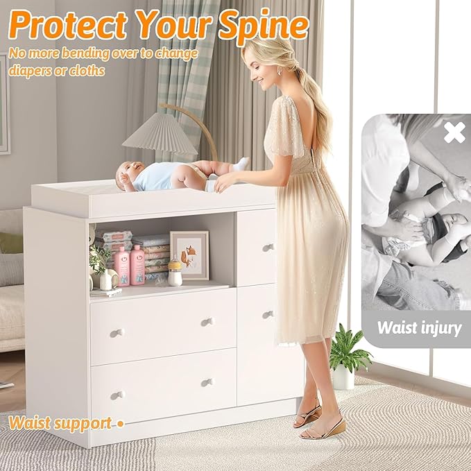 Baby Changing Dresser with Large Tabletop, 3 Drawers, Open Storage Space, and Open Storage Shelf – Ideal Changing Table for Nurseries and Baby Rooms