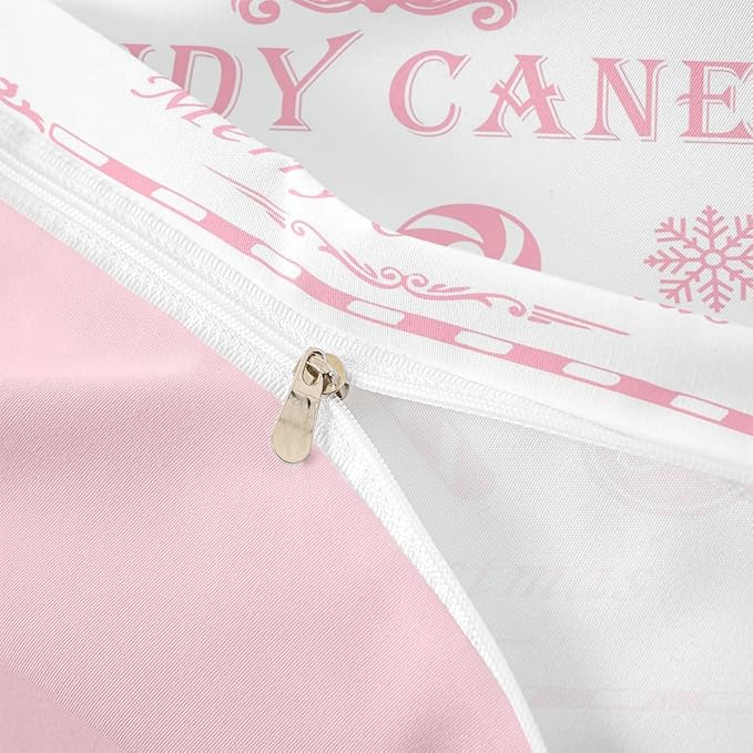 jejeloiu Christmas Bedding Set Full Size Kids Christmas Quote Comforter Cover Set for Boys Girls Teens Candy Canes Print Duvet Cover Xmas Bedspread Cover Room Decorations Pink Quilt Cover