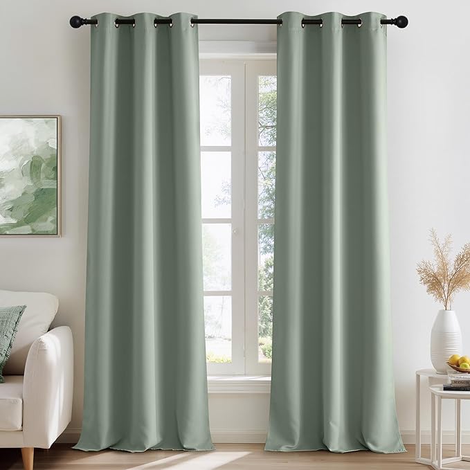 NICETOWN Sage Green Room Darkening Curtains 86 Inches Long 2 Panels for Living Room, Bedroom, Nursery Summer Thermal Insulated Blackout Drapes Grommet Noise Reducing Window Treatment, W40