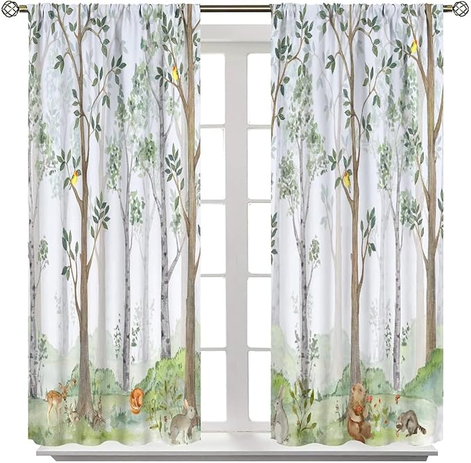 Kids Animal Curtains, Watercolor Natural Forest Animal Hedgehog Fox Butterfly Rabbits Forest Print Curtain Boys and Girl Bedrooms 55x63in
