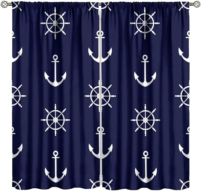 Nautical Rudder Curtains,MarineThemed Oceanic Anchor Pattern Blackout Print Home Bedroom Living Room Window Treatments 2 Panel Set 42x45 Inch
