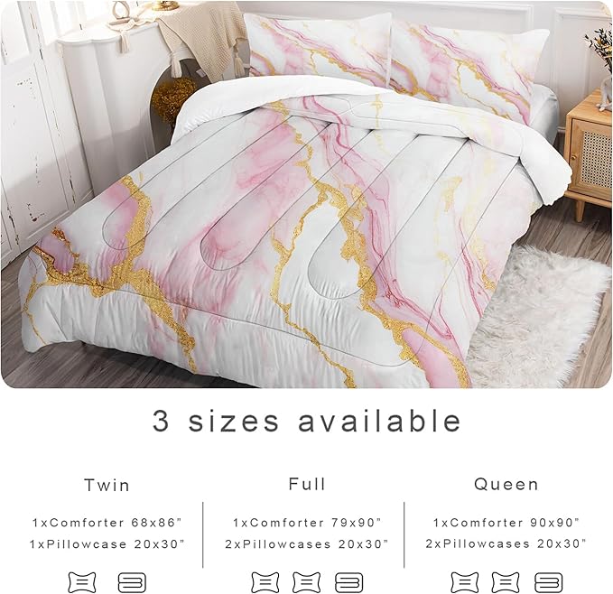 Girls Queen Comforter Set: Pink Marble Bedding Set Queen Size for Teen Girl Women Pink and Gold Abstract Marbling Bed Set Luxury Soft Quilt 1 Comforter & 2 Pillowcases