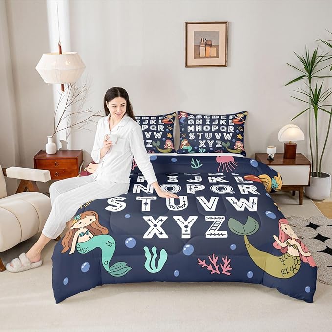 Feelyou Alphabet Kids ABC Learning Bedding Set for Boys Girls, Cute Mermaid Comforter Set Toddler Size Educational Nursery Art Duvet Quilt Microfiber Sealife Bedroom Decor 2 Pcs with 1 Pillow Cases