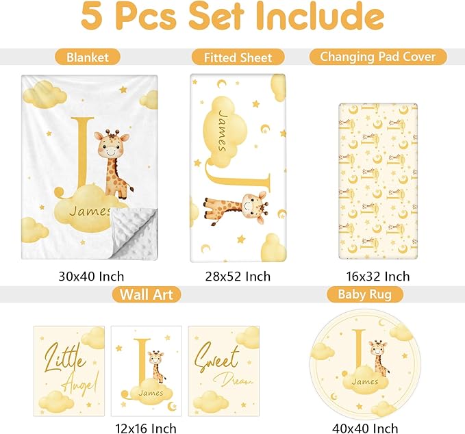 Custom Baby Bedding Set, 5 Pcs Personalized Name Baby Crib Sets for Infant Toddler Newborn, Yellow Giraffe Nursery Bedding Set for Girls Boys, Double Layer Crib Bedding Sets Customized Gifts