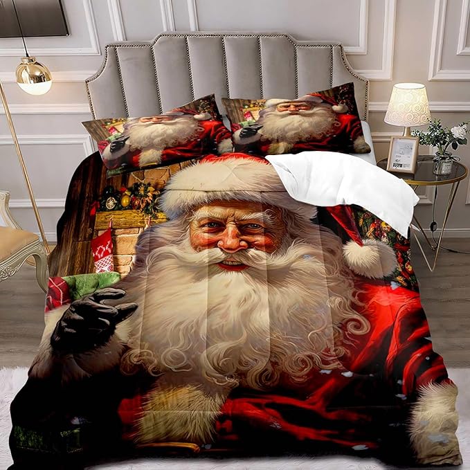 LUVIVIHOME 3PCS Christmas Comforter Set Full Size, Funny Santa Claus Bedding, Teens Boys Girls Kids Bedding, Winter Holiday Happy New Year Merry Christmas Bedroom Decor, Xmas Gifts, 2 Pillow Cases
