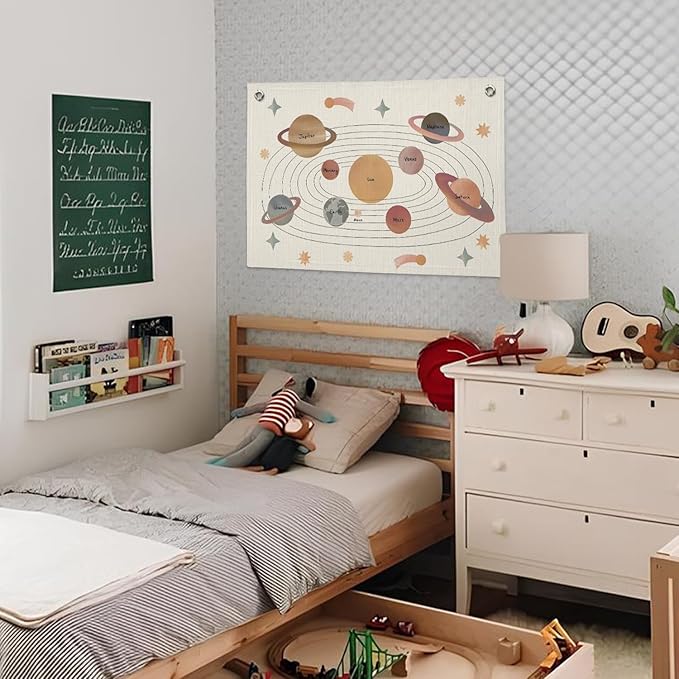 Solar System for Kids, Space Nursery Decor, Space Themed Party Decorations, Solar System Linen Canvas Banner Wall Hanging Flag Decor for Playroom 20x30