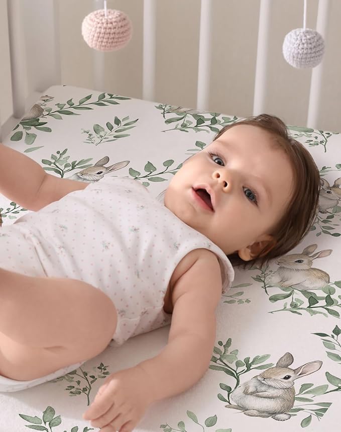 Pack and Play Sheets 2 Pack, Fitted Jersey Knit Mini Crib Sheets for Baby Boys and Girls, Compatible with Graco Pack N Play and Mini Crib Mattress (Bunny Meadow, Pack N Play/Mini Crib Sheets)