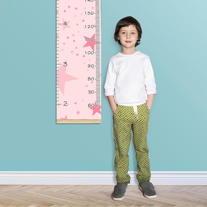 Personalized Kids Name Growth Chart Ruler for Wall Wood Frame Height Measure Chart 13.4x56 in Linen Hanging Height Growth Chart Pink Stars Kids Room Decor