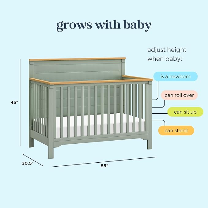 daVinci Shea 4-in-1 Baby Crib Convertible to Toddler Bed, Daybed, Full-Size Bed - FSC, GREENGUARD Gold Certified Wood Crib, Conversion Kits Sold Separately - 4 Adjustable Heights, Light Sage and Honey