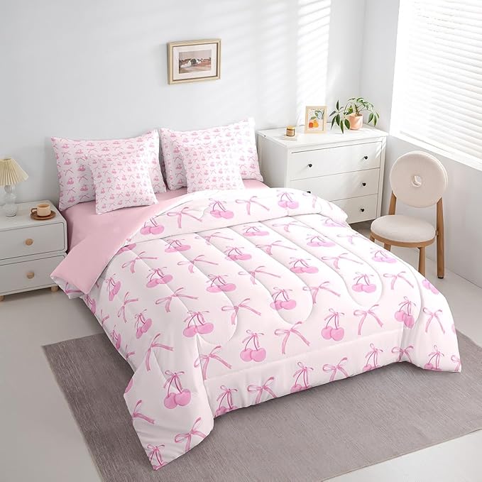 7 Pieces Cartoon Bowknot Kids Comforter Set Queen,Pink Bow Tie Butterfly Knot Princess Bedding Set,Cherry Bow Patchwork Romantic（Comforter+Fitted+Flat Sheet+2 Pillowcases+2 Throw Pillow Covers）