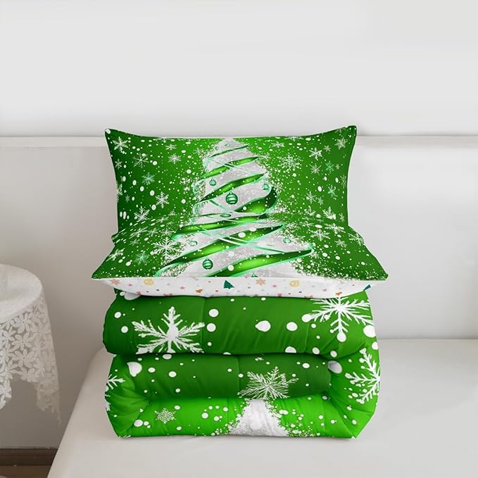 Feelyou Merry Christmas Comforter Set All Season Christmas Tree Bedding Set with 1 Pillow Cases Snowflake Microfiber Kids Toddler Bedclothes Winter Bedroom Decor Duvet Quilt Breathable Soft