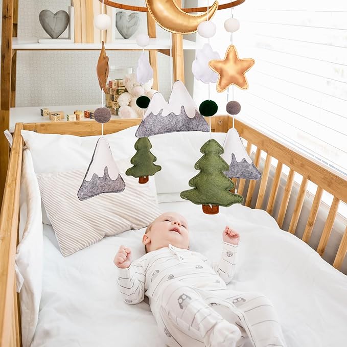 Woodland Baby Crib Mobile, Mountain Mobile for Crib for Boys & Girls, Neutral Nursery Mobile, Baby Shower Gift, with Moon, Trees, Stars & Clouds