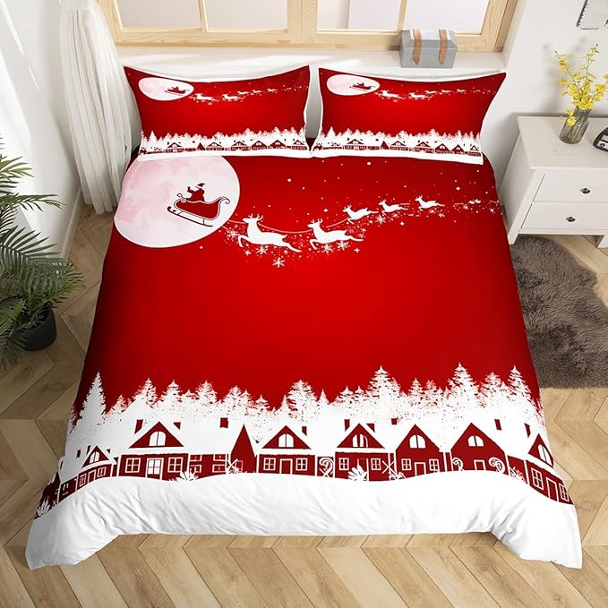 Manfei New Year Red Duvet Cover Set Queen Size Reindeer and Full Moon Print Comforter Cover Christmas Day Bedding Set 3pcs for Kids Boys Girls Winter Theme Quilt Cover with 2 Pillowcases,No Comforter