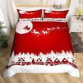 New Year Red Duvet Cover Set Full Size, Reindeer Santa Claus Comforter Cover Christmas Day Bedding Set 3pcs for Kids Boys Girls Room Decor Winter Theme Quilt Cover with 2 Pillowcases,No Comforter