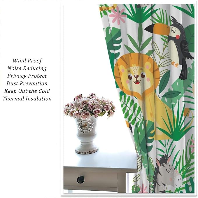 Jungle Animals Curtains Cartoon Cute Lion Giraffe Monkey Zebra Woodland Art Printed for Children Girls Boys Bedroom Nursery Rod Pocket Decoration Window Drapes 2 Panels W26xL84in
