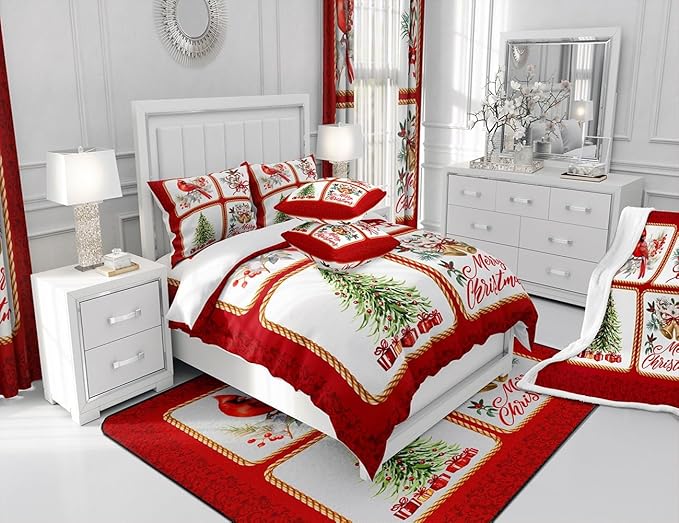 Christmas Plaid Full Size Comforter Set,Berries Cardinals Xmas Pine Print Bedding Comforters Bedroom Collection,Floral Bells Red Lace Patchwork Bedding Set for Girls Teens