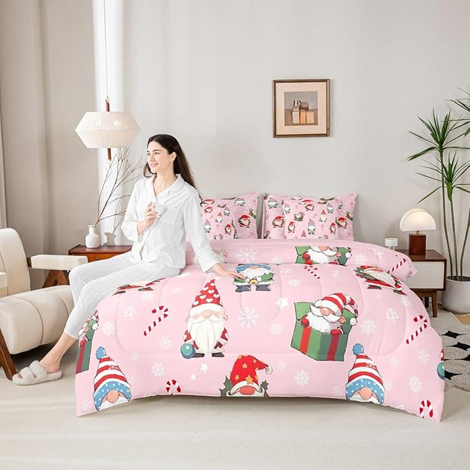 Feelyou Christmas Gnomes Queen Comforter Set with Sheets for Kids Boys Girls Cute Snowflakes Candy 7 Pieces Bedding Set Santa Claus Bed in a Bag Reversible Xmas Pink Decor Room Decor Soft Lightweight