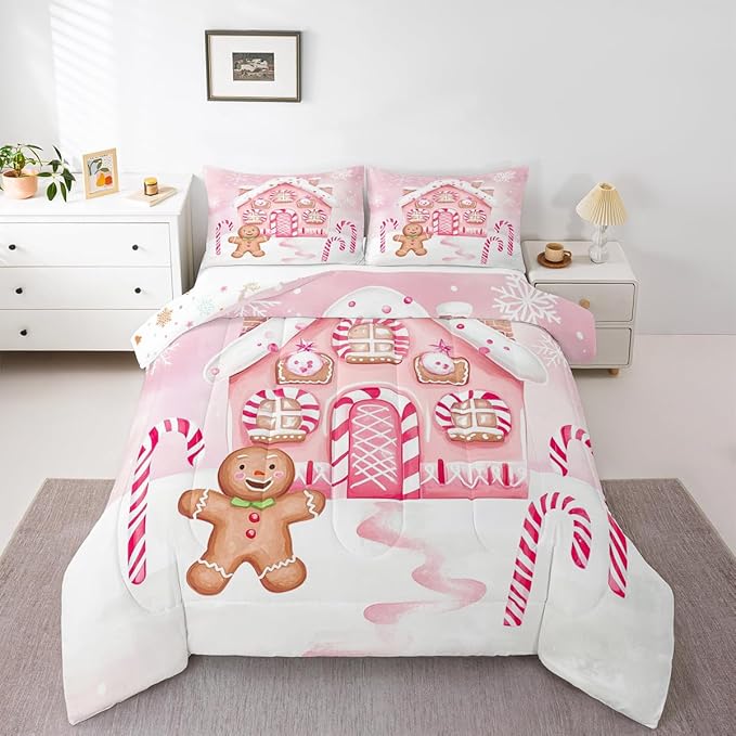 Feelyou Gingerbread Man Comforter Set Queen Size Gingerbread House Bedding Set for Kids Boys Girls Candy Canes Duvet Quilt Pink Christmas Scheme Bedroom Decor Snowflake 3 Pcs with 2 Pillow Cases