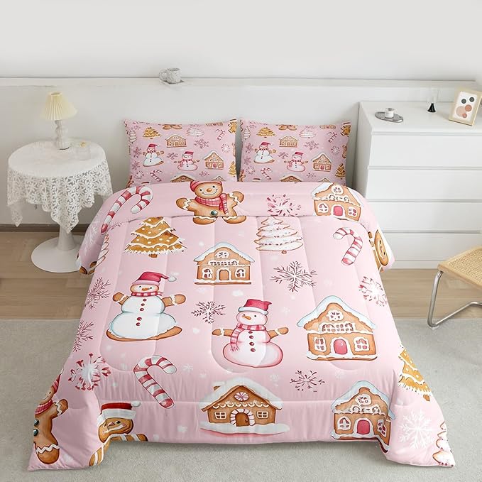 Feelyou Pink Christmas Kids Comforter Set King Size Snowman Bedding Set Gingerbread Man Duvet Quilt for Kids Boys Girls Bedroom Snowflake Candy Cane Decor Microfiber Ultra Soft Breathable