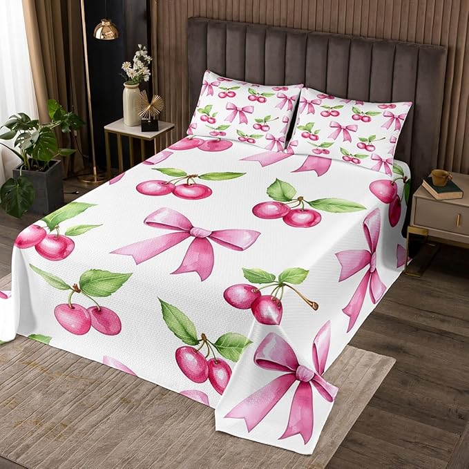 Manfei Pink Bowknot Kids Bedspread Twin Size,Cherry Tropical Fruit Bow Patchwork Coverlet Set,Girls Women Room Decor,Bow Tie Butterfly Knot Princess Quilted Coverlet,Dreamy Bedding Quilt,1 Pillowcase