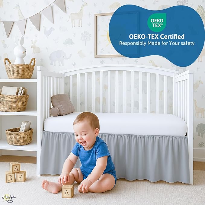 Cottington Lane Light Grey Crib Skirt Dust Ruffle, 100% Natural Cotton, Soft, Durable Nursery Crib Toddler Bedding Skirt for Baby Girls or Boys, Fits Standard Cribs 28" x 52" with 14" Drop
