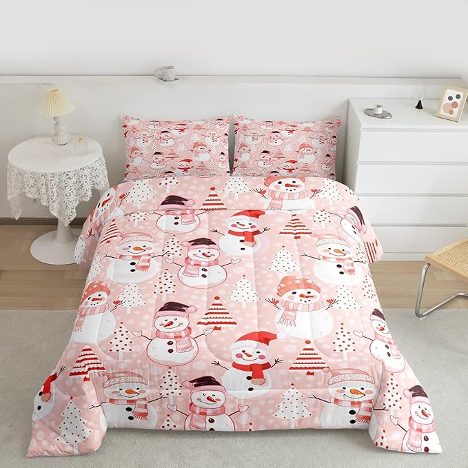 Manfei Christmas Comforter Set Queen Size, Snowman and Xmas Trees Down Comforter with 2 Pillowcases, New Year Pink Bedding Set 3pcs for Kids Girls Adults Bedroom Decor Lightweight Duvet Insert
