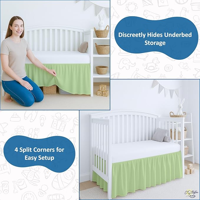 Cottington Lane Sage Infrant Crib Bed Skirt Dust Ruffle with Split Corner, 100% Natural Cotton Nursery Crib Toddler Bedding Skirt for Baby Girls or Boy, Fits Standard Cribs 28" x 52" with 14" Drop
