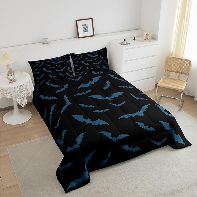 Erosebridal Halloween Decor Bedding Set for Kids Boys Youth Turquoise Bats Comforter Set Toddler Size Gothic Spooky Quilt Happy Holiday Style Duvet Insert with 1 Pillow Case,Black