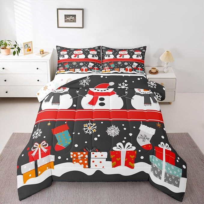 Feelyou Christmas Comforter Set Twin Size Snowman Bedding Set for Kids Boys Girls Snowflake Duvet Quilt New Year Gift Bedroom Decor Microfiber 2 Pcs with 1 Pillow Cases
