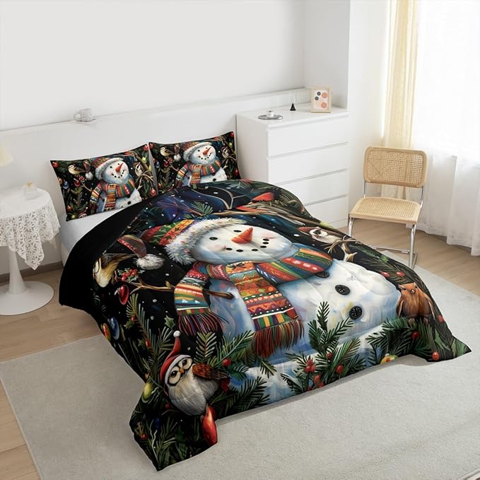 Feelyou Christmas Bedding Set Soft for Boys Girls, Holiday Snowman Birds Comforter Set Toddler Size Xmas Owl Branch Berry Duvet Quilt Microfiber Snowflake Bedroom Decor 2 Pcs with 1 Pillow Cases