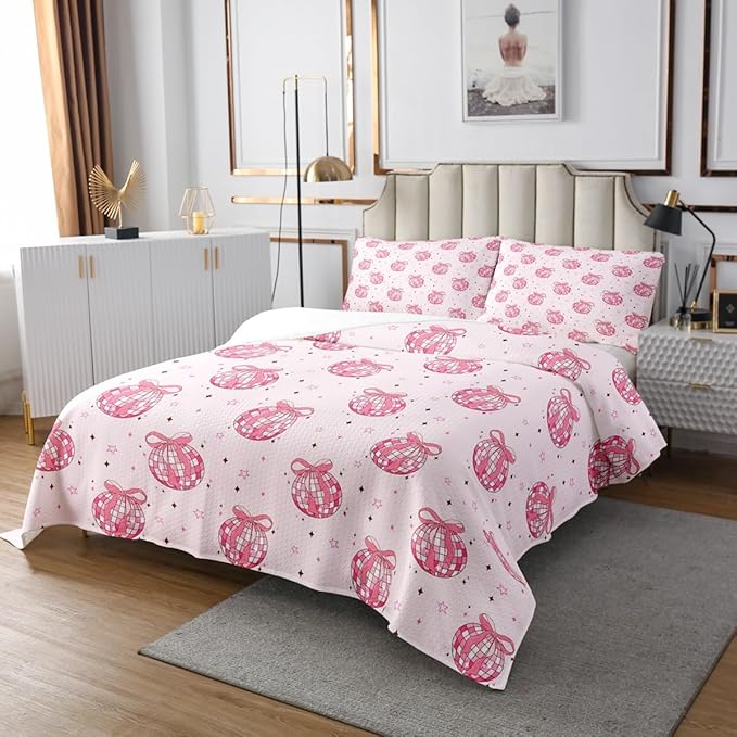 Bowknot Princess Kid Bedspread Twin Size,Disco Crystal Ball Western Cowgirl Coverlet Set,Girls Women Room Decor,Star Bow Tie Sweet Romantic Quilted Coverlet,Pink Dreamy Bedding Quilt,1 Pillowcase