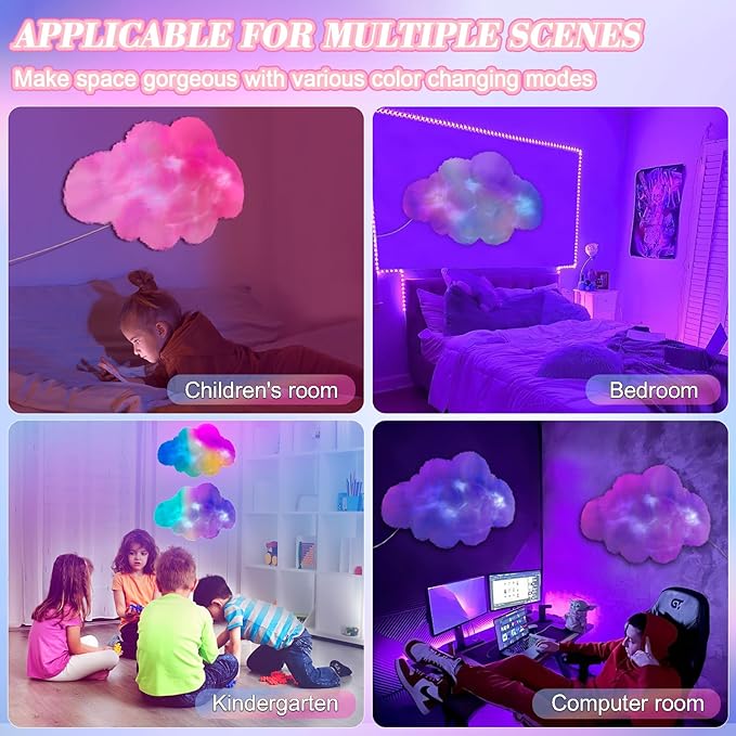LED Wall Cloud Light for Bedroom, Stick-on Lamp Smart APP and Remote Control, Fluffy Night Light RGB Music Sync for Room, Cool Stuff for Teen Girl, Kids Room Decor (24'')