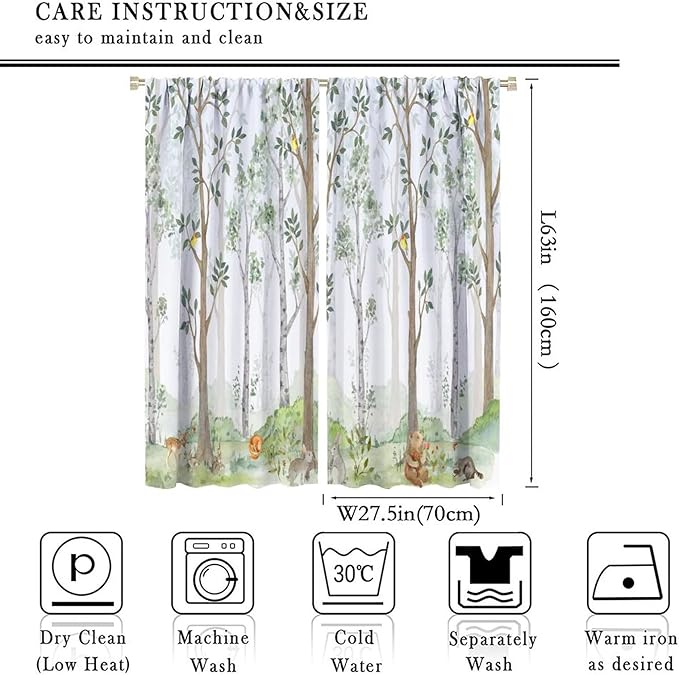 Kids Animal Curtains, Watercolor Natural Forest Animal Hedgehog Fox Butterfly Rabbits Forest Print Curtain Boys and Girl Bedrooms 55x63in