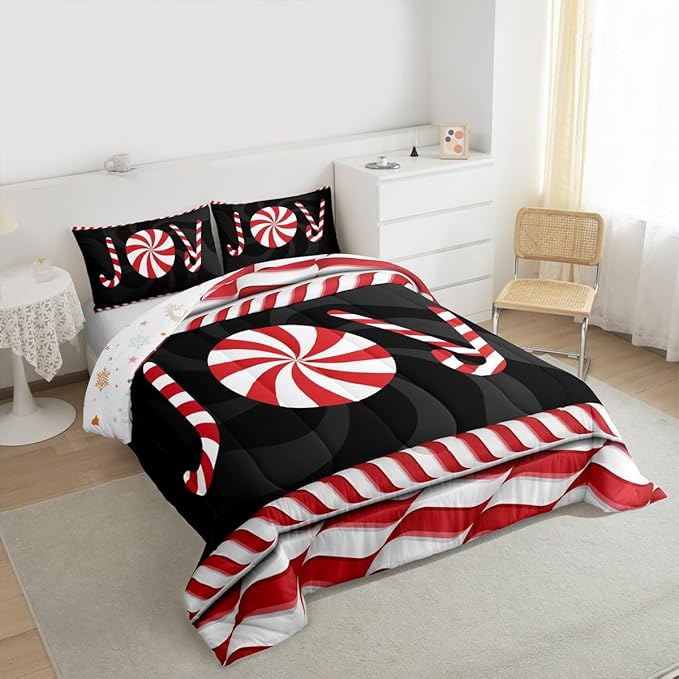 Kids Merry Christmas Comforter Set Full Size,Holiday Joy Sweet Candies Bedding,Girls Boys Adults Bedroom/Xmas Cabin Decor,Wave Geometric Retro Down Comforter,Red Black Duvet Insert,2 Pillowcases