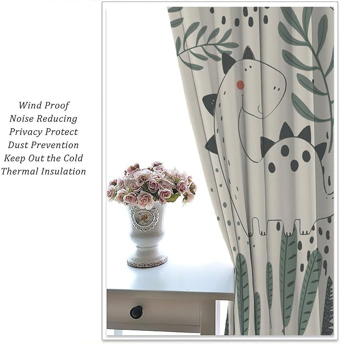 Dinosaur Curtains, Cute Dino Tropical Leaves Plant Beige Green Window Treatments, Rod Pocket Thermal Insulated Drapes 2 Panel Sets for Children Bedroom Nursery Classroom, 42" W X 45" L【Decor】