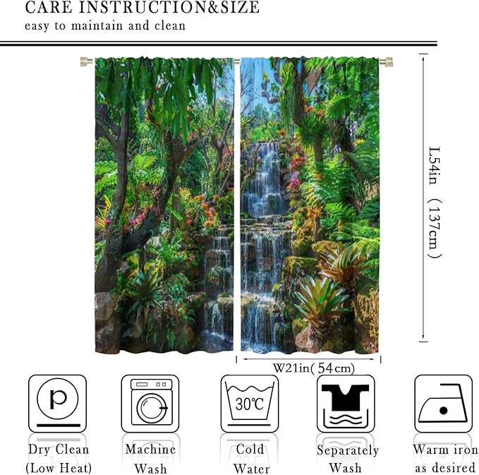 Waterfall Blackout Window Curtains, Spring Forest Nature Landscape Theme Pattern Print Window Drapes, for Living Room Bedroom 42x54in 2 Panels