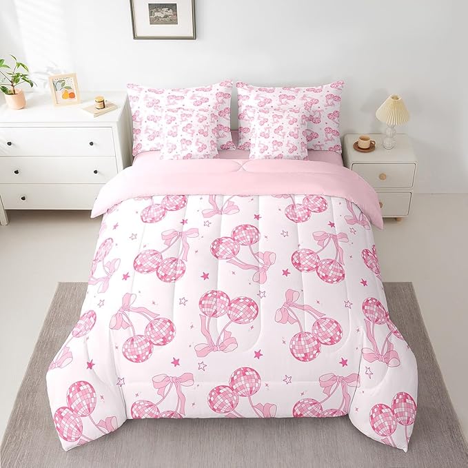 7 Pieces Bowknot Princess Kids Comforter Queen,Disco Crystal Ball Western Cowgirl Bedding Set,Starry Sky Bow Tie Romantic Pink Girly（Comforter+Fitted+Flat Sheet+2 Pillowcases+2 Throw Pillow Covers）