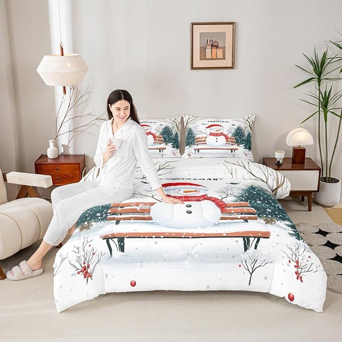 Feelyou Merry Christmas Comforter Set King Size Cute Snowman Bedding Set for Kids Boys Girls Snowflake Duvet Quilt Christmas Tree Bedroom Decor Microfiber 3 Pcs with 2 Pillow Cases