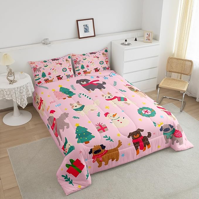 Erosebridal Cute Dog Comforter Set Toddler Size Puppy Dog Cartoon Xmas Bedding Set Christmas Tree Quilts for Kids Boys Girls Bedroom Decor Snowman Duvet Insert with 1 Pillow Case