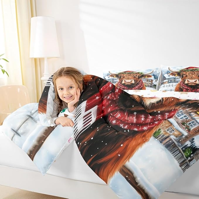 Feelyou Merry Christmas Bedding Set Soft for Boys Girls, Highland Cow Comforter Set Full Size Snowflake Duvet Quilt Microfiber Winter Bedroom Decor 3 Pcs with 2 Pillow Cases