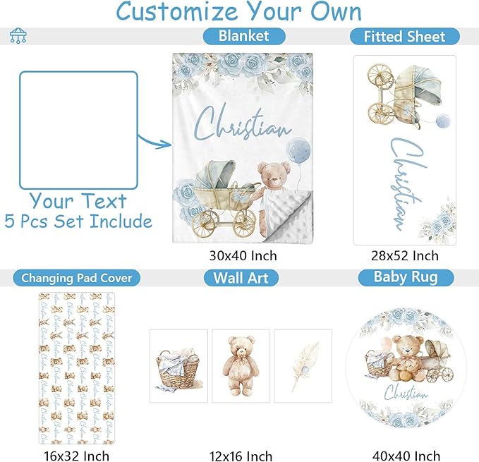 Custom Baby Crib Bedding Set for Boys Girls, 5 Pcs Personalized Blue Bear Baby Crib Sets with Name, Nursery Bedding Set, Double Layer Blanket, Newborn, Infants & Toddlers Customized Gifts