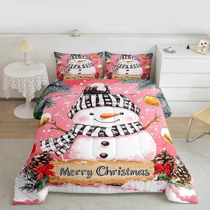 Feelyou Merry Christmas Kids Comforter Set Toddler Size Cute Snowman Bedding Set Snowflake Duvet Quilt for Kids Boys Girls Bedroom Winter Decor Microfiber Ultra Soft Breathable